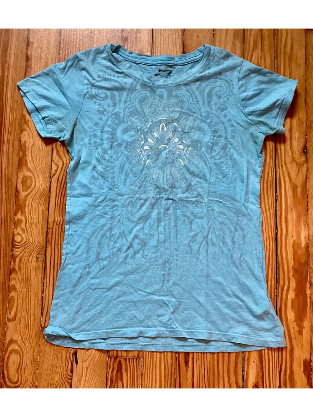 Columbia Y2K Light Blue Filigree Damask Print Cotton Tee Boho Outdoor T-Shirt S